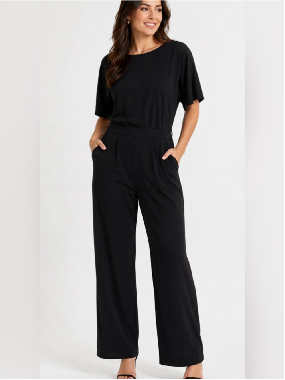 Classic Black Short-Sleeve Wide-Leg Jumpsuit no belt. Casual party XL. 1998